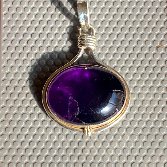 925 Sterling Silver Jewelry - Large natural amethyst 925 sterling silver pendant